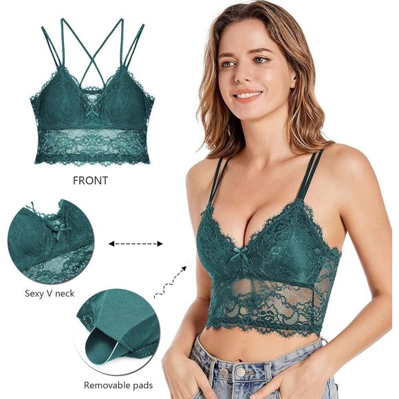whimsigoth goblincore fairycore grunge cami emerald green lace bows M bralette - Picture 3 of 4
